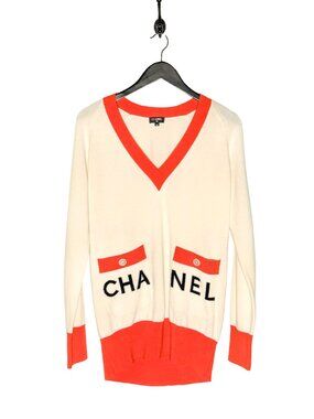 Chanel 2019 La Pausa Ivory Orange Logo V-neck Cashmere Sweater